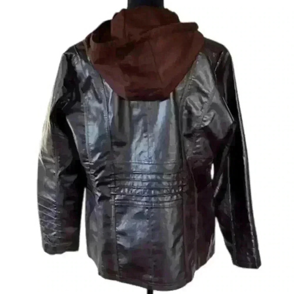 Faux Leather Jacket with Removeable Zip In Cotton Hood, Brown Size XL - Picture 4 of 7